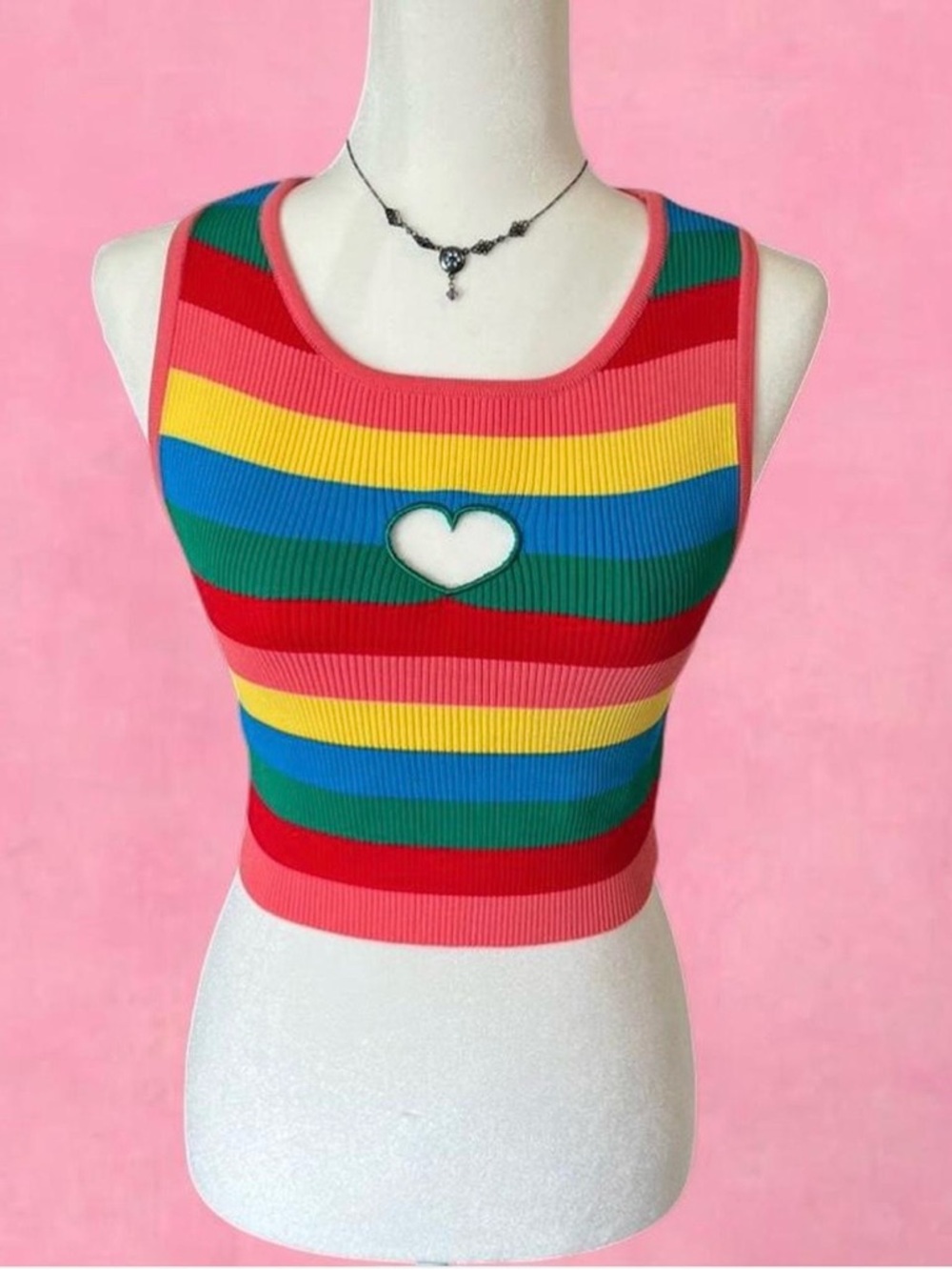 Pink Rainbow Stripe Heart Crop Tank Top